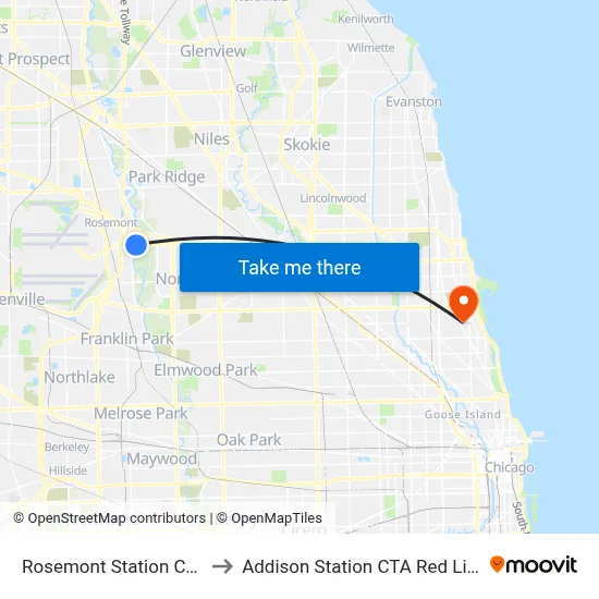 Rosemont Station CTA to Addison Station CTA Red Line map