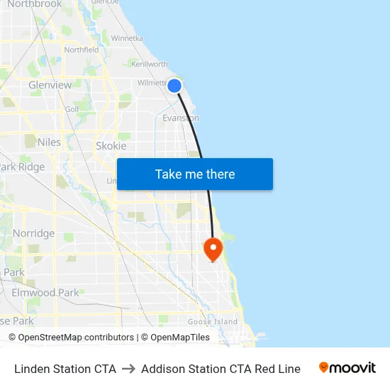 Linden Station CTA to Addison Station CTA Red Line map