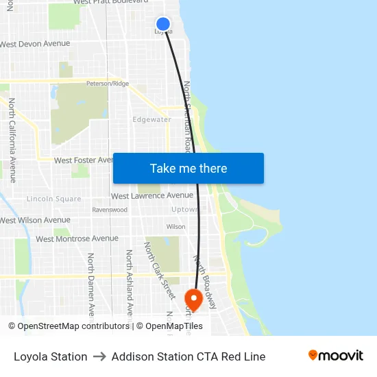 Loyola Station to Addison Station CTA Red Line map