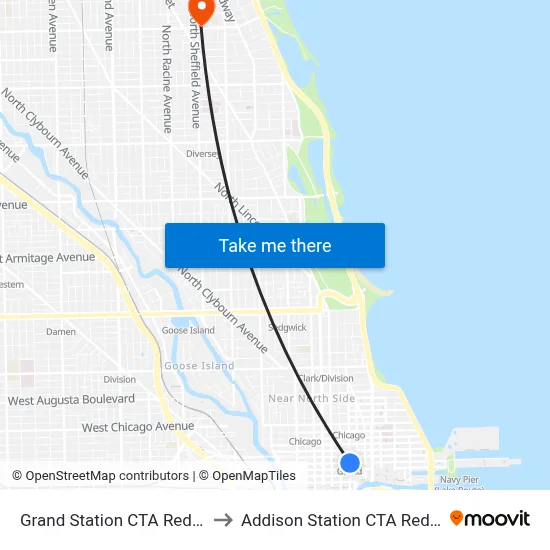 Grand Station CTA Red Line to Addison Station CTA Red Line map