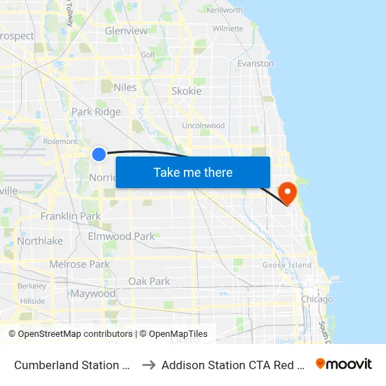 Cumberland Station CTA to Addison Station CTA Red Line map