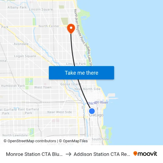 Monroe Station CTA Blue Line to Addison Station CTA Red Line map