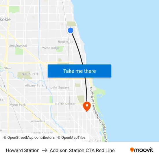 Howard Station to Addison Station CTA Red Line map