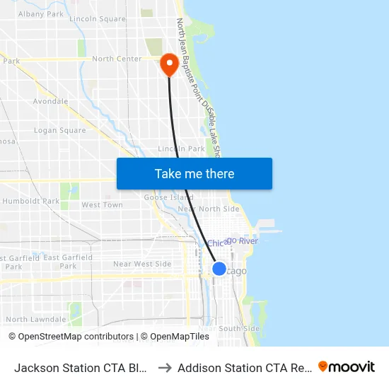 Jackson Station CTA Blue Line to Addison Station CTA Red Line map