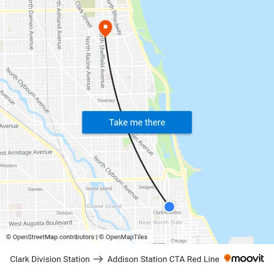 Clark Division Station to Addison Station CTA Red Line map