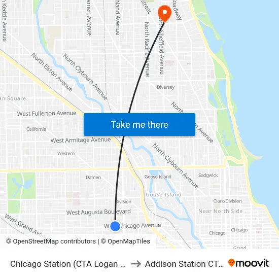 Chicago Station (CTA Logan Square branch) to Addison Station CTA Red Line map