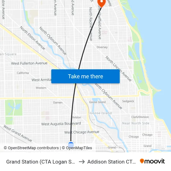 Grand Station (CTA Logan Square branch) to Addison Station CTA Red Line map