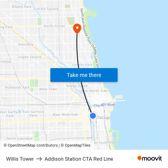 Willis Tower to Addison Station CTA Red Line map