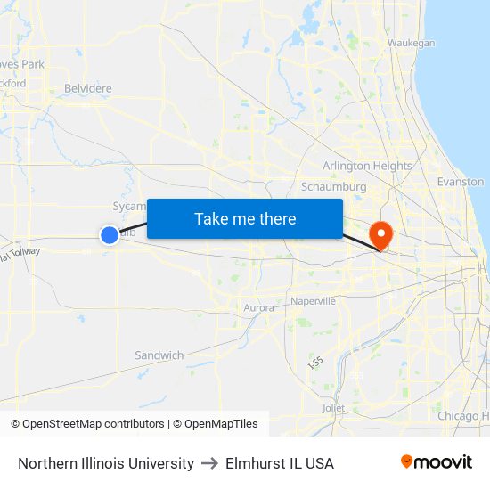 Northern Illinois University to Elmhurst IL USA map