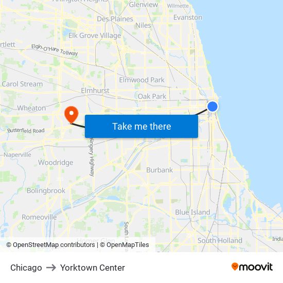 Chicago to Yorktown Center map