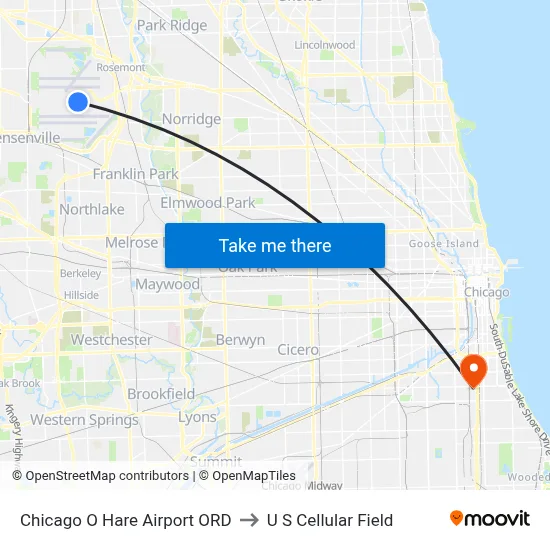 Chicago O Hare Airport ORD to U S Cellular Field map