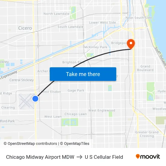Chicago Midway Airport MDW to U S Cellular Field map