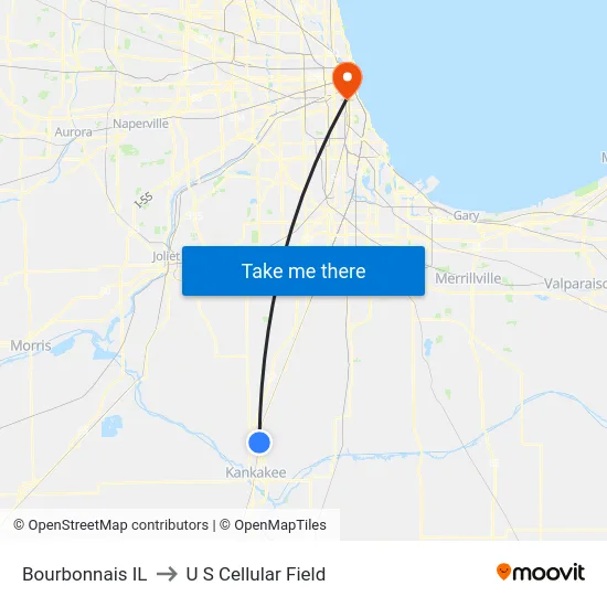 Bourbonnais IL to U S Cellular Field map