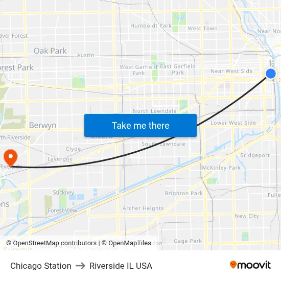 Chicago Station to Riverside IL USA map