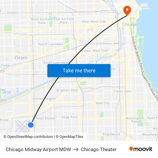 Chicago Midway Airport MDW to Chicago Theater map