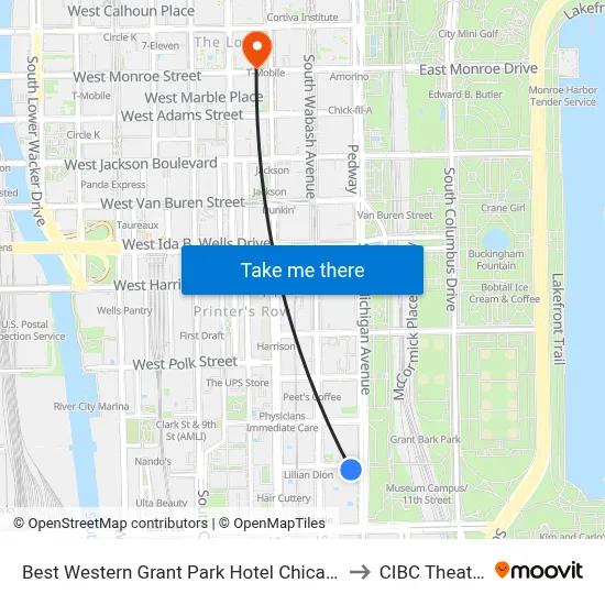 Best Western Grant Park Hotel Chicago to CIBC Theatre map