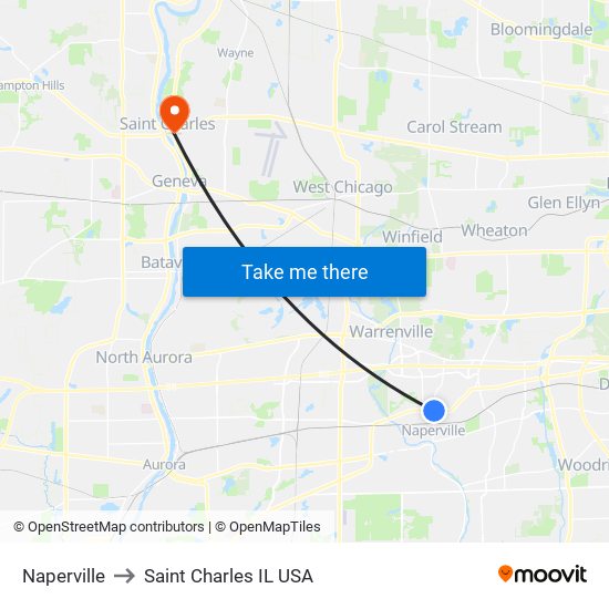 Naperville to Saint Charles IL USA map