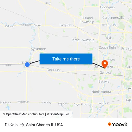 DeKalb to Saint Charles IL USA map