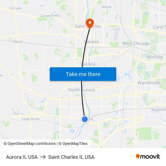 Aurora IL USA to Saint Charles IL USA map