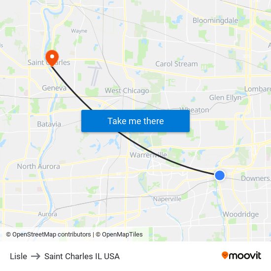 Lisle to Saint Charles IL USA map