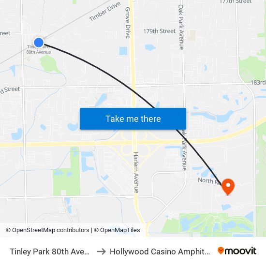 Tinley Park 80th Avenue Station to Hollywood Casino Amphitheatre IL USA map