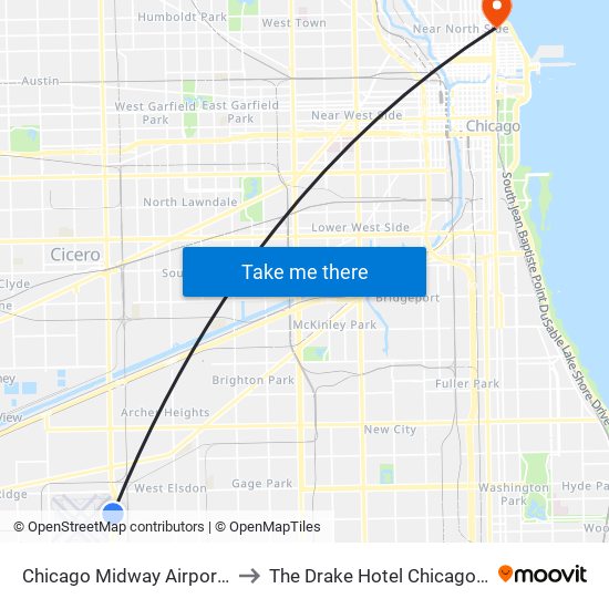 Chicago Midway Airport MDW to The Drake Hotel Chicago IL USA map