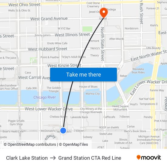 Clark Lake Station to Grand Station CTA Red Line map