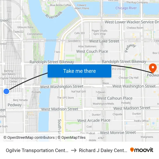 Ogilvie Transportation Center to Richard J Daley Center map
