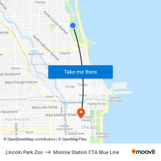 Lincoln Park Zoo to Monroe Station CTA Blue Line map