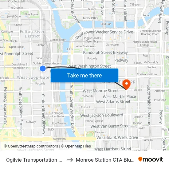 Ogilvie Transportation Center to Monroe Station CTA Blue Line map
