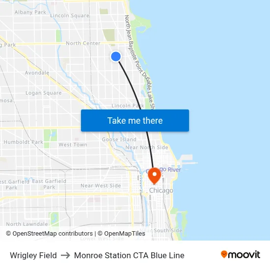Wrigley Field to Monroe Station CTA Blue Line map