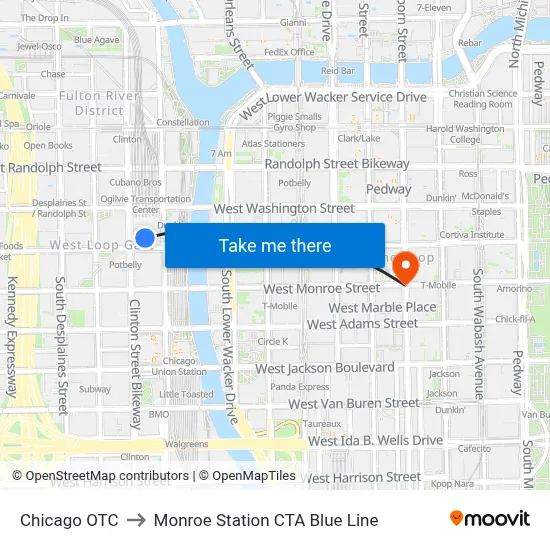 Chicago OTC to Monroe Station CTA Blue Line map