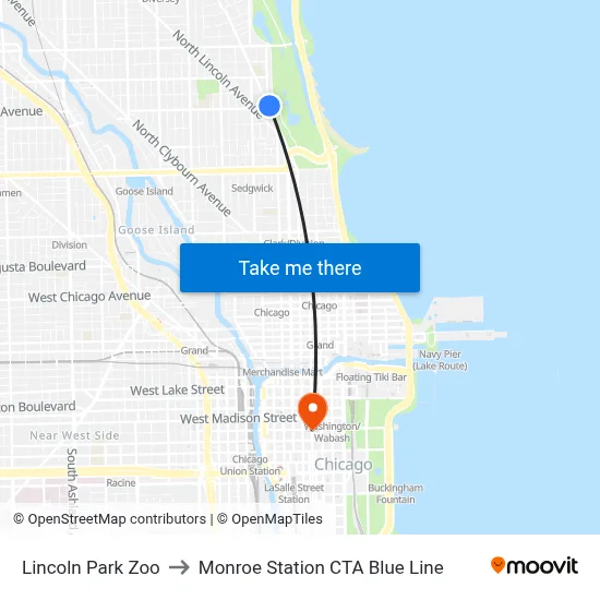 Lincoln Park Zoo to Monroe Station CTA Blue Line map