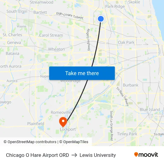 Chicago O Hare Airport ORD to Lewis University map