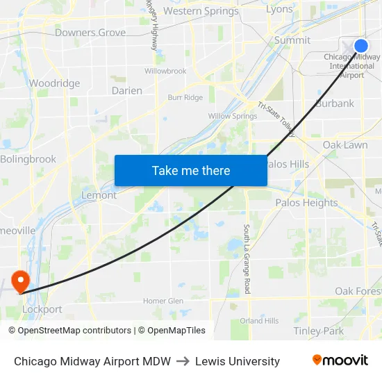 Chicago Midway Airport MDW to Lewis University map