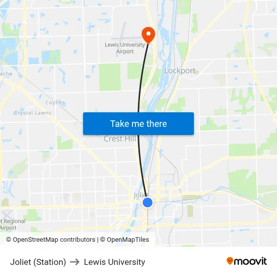 Joliet (Station) to Lewis University map