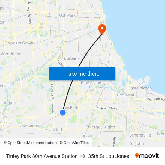Tinley Park 80th Avenue Station to 35th St Lou Jones map