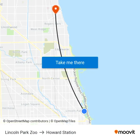 Lincoln Park Zoo to Howard Station map