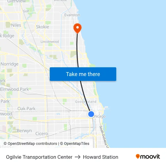 Ogilvie Transportation Center to Howard Station map