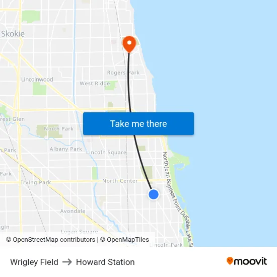 Wrigley Field to Howard Station map