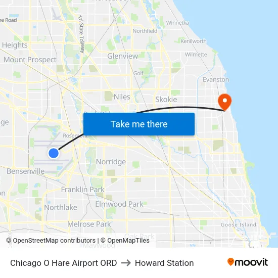 Chicago O Hare Airport ORD to Howard Station map