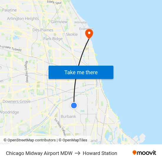 Chicago Midway Airport MDW to Howard Station map