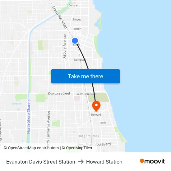 Evanston Davis Street Station to Howard Station map