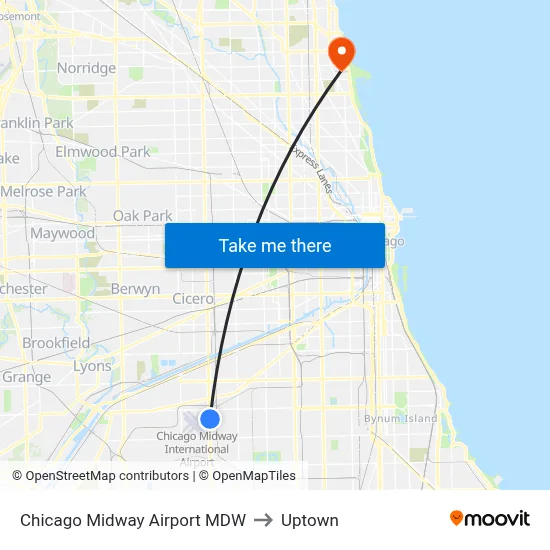 Chicago Midway Airport MDW to Uptown map