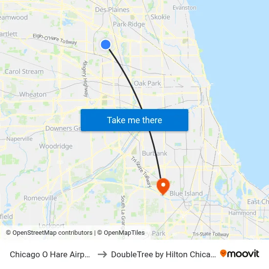 Chicago O Hare Airport ORD to DoubleTree by Hilton Chicago Alsip map