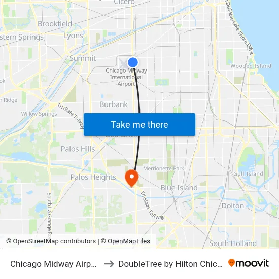 Chicago Midway Airport MDW to DoubleTree by Hilton Chicago Alsip map