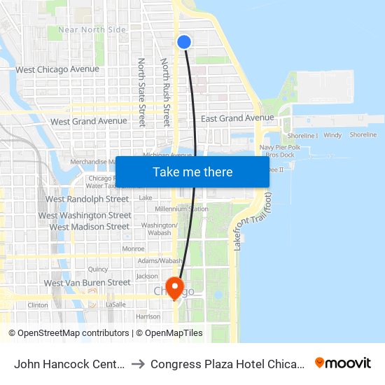 John Hancock Center to Congress Plaza Hotel Chicago map