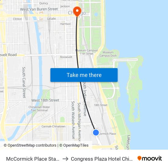 McCormick Place Station to Congress Plaza Hotel Chicago map