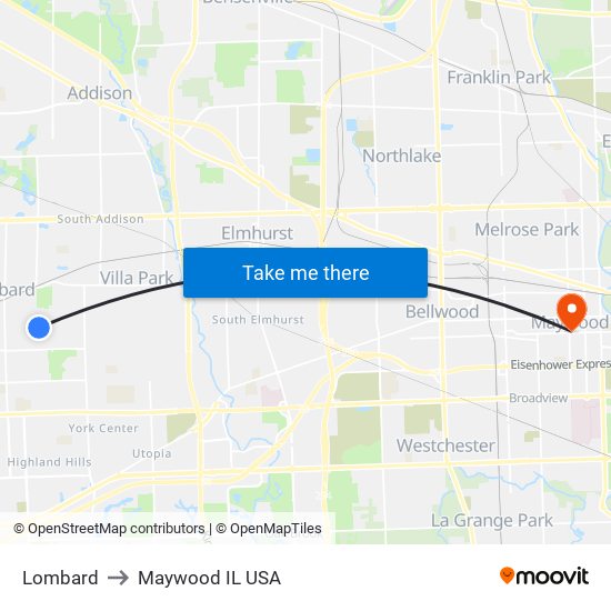 Lombard to Maywood IL USA map