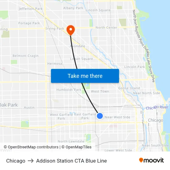 Chicago to Addison Station CTA Blue Line map